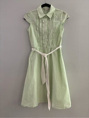 Bean Pole Korean Designer Green White Striped Ruffle Shirtdress Belted Size S